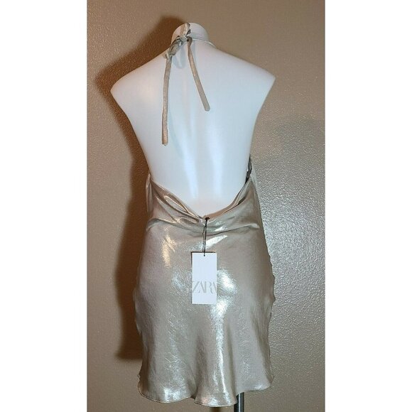 Zara Satin Bodycon Dress Spaghetti Strap Backless Cami gold Metallic Mini Dress - Picture 4 of 9